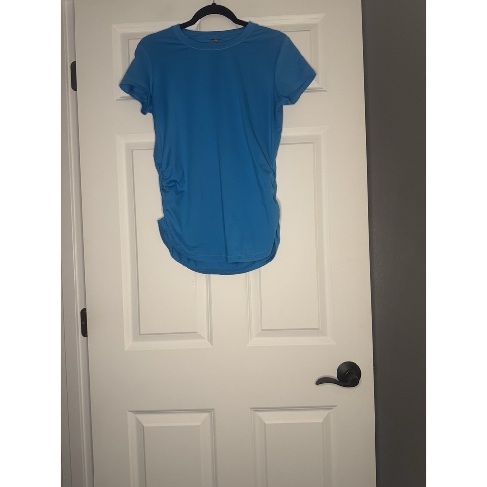Calia By Carrie Underwood Short Sleeve Ruched Sides Activewear Top Medium Blue